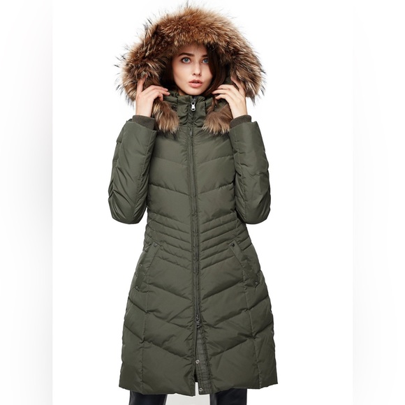 Escalier Khaki Green Down Jacket with Fur Trimmed Hood Sz. S - Picture 1 of 16